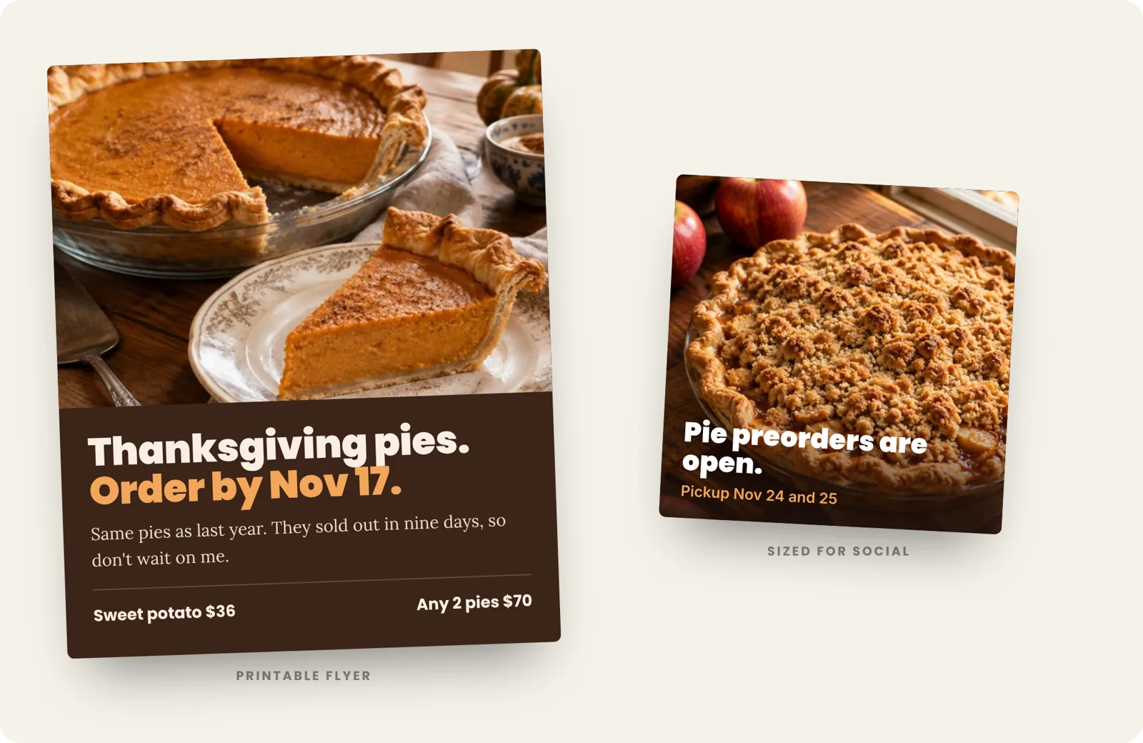 A printable Thanksgiving pie flyer and a square social image for a bakery