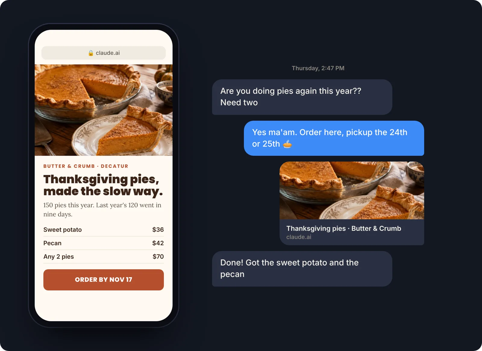 A bakery sales page on a phone next to a text thread where the owner sends a customer the link