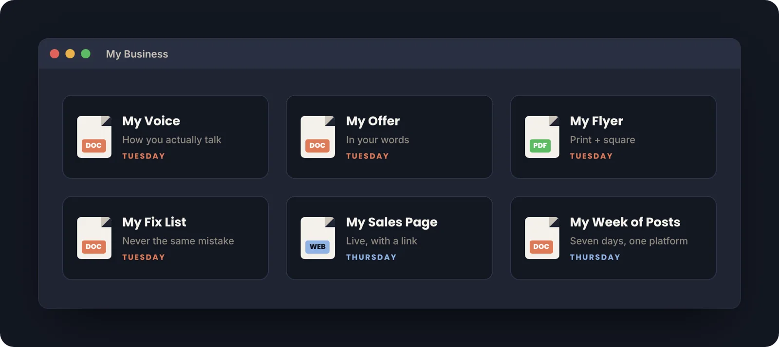 A My Business folder holding six files: My Voice, My Offer, My Flyer, My Fix List, My Sales Page, My Week of Posts